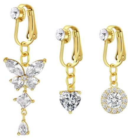 Cizme 3 pièces Fausse Anneau de Nombril en Acier Inoxydable Or Barre de Nombril Non percé Clip sur Nombril avec Pendentif de Papillon Coeur Bijoux de Piercing