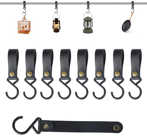 Jasminum 8 Stück Leder-S-Haken,S Haken Mit LederschlaufeSchwarz,S-Förmiger Multifunktions-Lederhaken,Hergestellt Aus Leder und Metall, Geeignet für Camping, Grillen, Wäschetrocknen, Bad und Küche