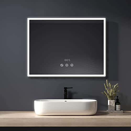 Heilmetz Badspiegel mit Beleuchtung LED 80x60cm, Badezimmerspiegel mit Uhr+3 Lichtfarben+Dimmbar+Antibeschlag, Spiegel mit Beleuchtung Energiesparend