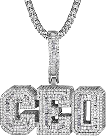 ONDIAN Halskette, Herren-CEO-3D-Baguette-Anhänger, klein, 14 Karat Weißton, ICY-Tenniskettenanhänger