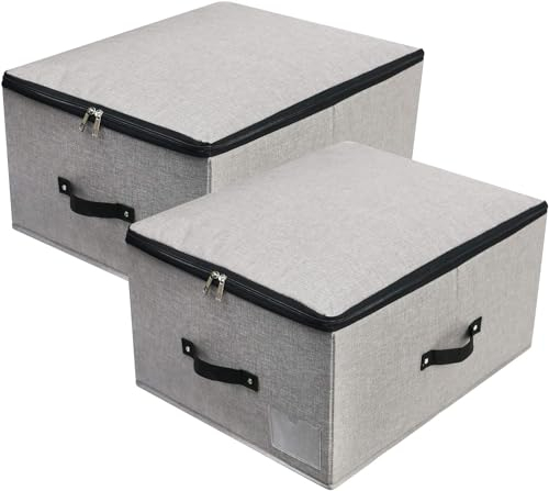 Faltbarer Deckel Aufbewahrungsbehälter mit Divider Board, 4-Griffe, Reißverschluss Deckel, Decken Kleidung Quilts Aufbewahrungsbox Organizer für Schlafzimmer Schrank Regal,52×40×26cm,Dunkelgrau,2PCS