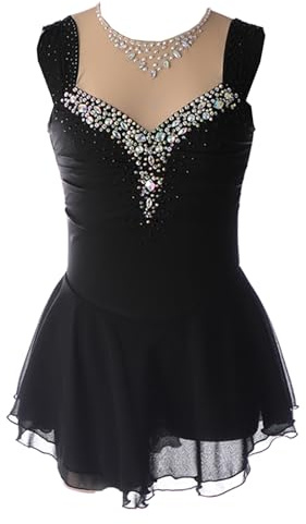 CHAGMEA Damen Professionelle Eiskunstlauf Wettbewerb Kleider Weiß Ärmellos Strass Dame Gymnastik Activewear Wettbewerb Training Athletic Weiblich,Schwarz,XS