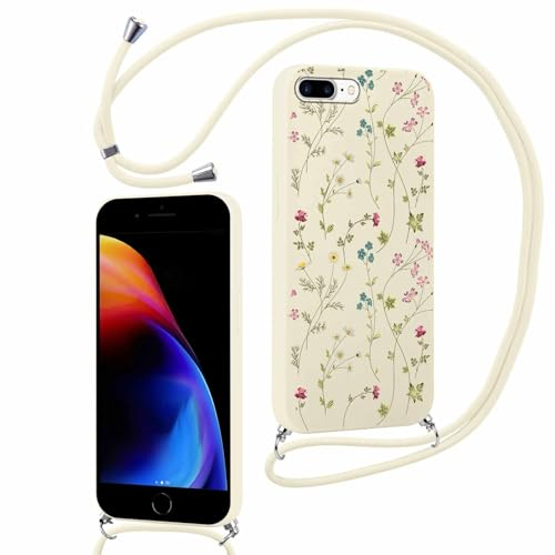 Xylota Handykette Handyhülle für iPhone 7 Plus 5,5 Hülle mit Band, Aesthetic Muster Blumen Case Kordel zum Umhängen Schutzhülle, Weich TPU Bumper Silikon Stoßfest Cover für iPhone 7 Plus,Beige