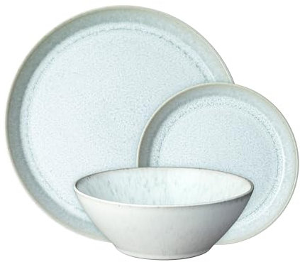 Denby - Kiln Green Dinner Set for 4-12 Piece Tableware Set, Tranquil Green Glaze Colour - Dishwasher & Microwave Safe Stoneware Crockery Dinnerware - 4 x Dinner Plates, Medium Plates & Cereal Bowls