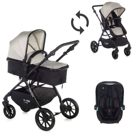 Nurse Track, 2-en-1 Kinderwagen + Babyschale, Sitz umwandelbar in Tragetasche, kompakt faltbar, mit Regenschutz und Tasche, Beige