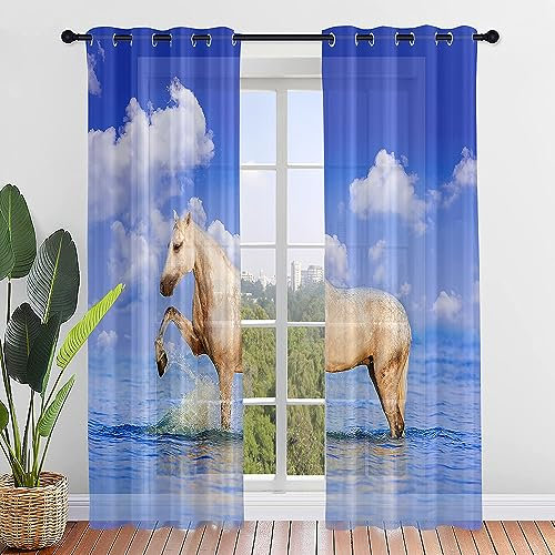 Highdi Voile Vorhänge mit Ösen 2er Set, Transparente Gardinen für Wohnzimmer Ösenschal Halbtransparent Ösenvorhang für Schlafzimmer Moderne Übergardinen Ösen (Pferd Motiv 2,160x115cm)