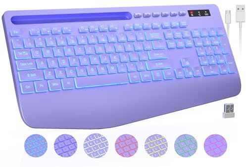 Clavier sans fil avec 7 rétroéclairés de couleur, repose-poignet, support de téléphone, clavier d'ordinateur ergonomique rechargeable avec touches silencieuses, clavier lumineux pleine taille pour