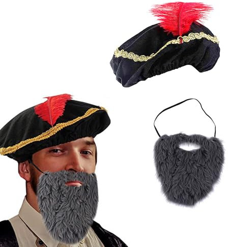 CHENNAN Mittelalterlicher Hut mit Bart Renaissance Hut für Männer mit langem Schnauzbart Baskenmütze Mittelalterliche Haube Lustiger Bart für Halloween, Maskerade, Cosplay-Zubehör (Schwarz)