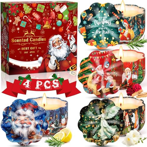 JEDWKFA Velas Aromáticas Navidad, 4 Piezas Velas Navideñas, Velas Perfumadas de Navidad Juego de Regalo, Cera de Soja Natural, Velas Aromáticas, Velas Decorativas para Fiesta Navidad