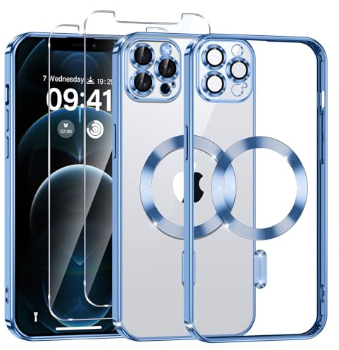 Phoona Cover Placcatura per iPhone 12 Pro Max 6,7 Pollici, Obiettivo per Fotocamera Protezione Completa e 2 × vetro temperato, Compatibile con MagSafe Ricarica Wireless, Protezione Militare, Blu