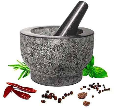 Mortar and Pestle Set - 6 Inch Granite, Large Molcajete Bowl with Stone Grinder - Spice, Herb and Avocado Masher for Guacamole, Salsa and Pesto - Holds 2 Cups