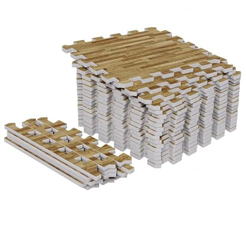 GORILLA SPORTS® Bodenschutzmatte - Set aus 18 Stücken, 30x30 cm, EVA, Rutschfest, Helle Holzoptik - Bodenmatte, Fitness Schutzmatte, Puzzlematte Boden, Sportmatte, Unterlegmatte für Fitnessgeräte