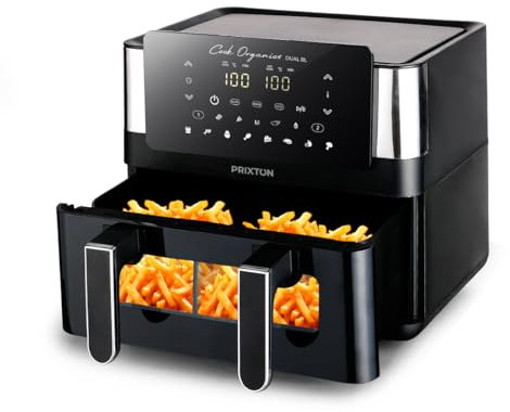 PRIXTON Friteuse sans huile de 8 litres avec Double Compartiment Cook Organics Dual, Fenêtre, Éclairage intérieur, Écran tactile, Paroi de séparation, Airfryer à air chaud