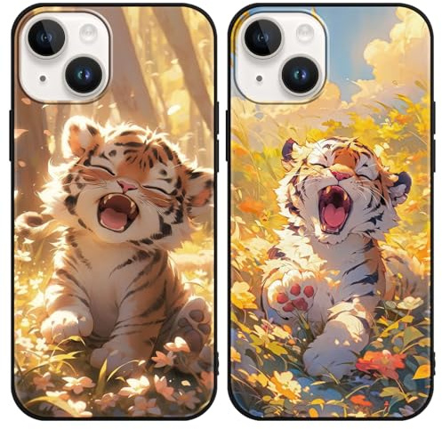 Yimctoie 2 Stück Handyhülle für iPhone 14/iPhone 13 6,1,Cute Tiger Kawaii Tier Aesthetic Muster Hülle,Niedlich Cartoon Karikatur Case,Schwarze Silikon Schutzhülle Bumper Stoßfeste Cover