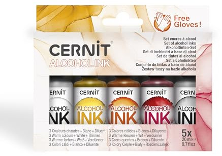 CERNIT CEASS007C - Set 4 Flakons Alkoholtinte 20ml + 1 Flakon Verdünner, für Epoxidharz geeignet, glänzendes Finish, warme Farben sortiert (Weiß, Lipstick Rot, Orange, Rost) 1 Set