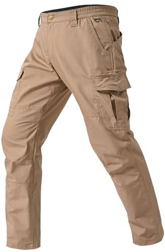 Mens Work Pants Waterproof Ripstop Durable Cargo Tactical Pants Outdoor Lightweight Utility Hiking Working Construction Pants with 7 Pockets Khaki 36Wx32L