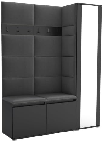 Brent - Garderobenschrank Flur Schwarz mit sitzbank 145 cm Breit Luton 7 - Multifunktionale Flurgarderobe Set mit Stauraum und Wandpaneel, Garderobe mit Sitzfläche und Kleiderhaken