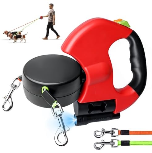 Doppelleine für 2 Hunde - 3 Meter, Einziehbare und Ausziehbare Hundeleine mit Lichtfunktion, Ergonomischem Griff und Rollspule