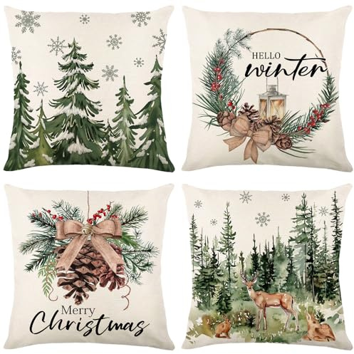 Christmas Cushion Covers Set Of 4, Green Cushion Covers Vintage Christmas Decorations Indoor, 45 x 45cm Xmas Pillow Cases with Xmas Tree Elk Pine Cones Pattern, Xmas Decor for Bedroom Living Room