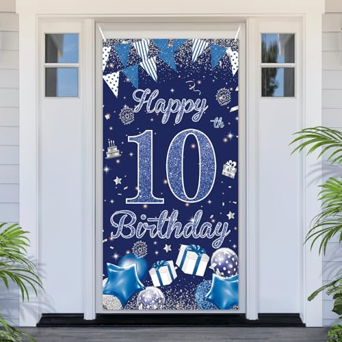 PartyYaa 10. Geburtstagsbanner Deko, 10. Geburtstag Tür Banner, Blau Silber Happy Birthday Banner Türabdeckung Fotoautomaten Schild Poster Party Deko für Drinnen und Draußen