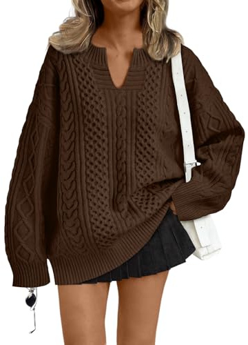 Trendy Queen V Neck Oversized Cable Knit Sweaters for Women Trendy 2026 Early Fall Fashion Outfits Clothes Cozy Pullover Cute Sweaters Tops Casual Winter Clothing Brown M