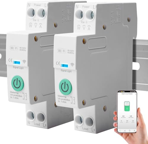2 interruttori WiFi intelligenti, interruttore telecomando domestico con guida DIN 1P, interruttore remoto wireless compatibile con Alexa e Google Assistant Smart Life Tuya App (con misurazione 1