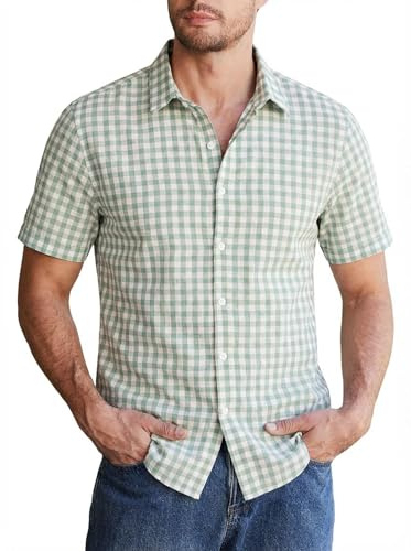 Halfwrod Mens Gingham Shirts Short-Sleeve Checked Botton Down Cotton Tops | Breathable, Relaxed Fit, Summer, Beach, Holidays, Smart Casual, Poplin Plaid Shirt
