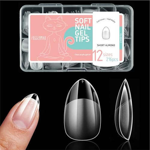 216 Pcs Short Almond Nail Tips for Gel Extensions, Half Matte Full Cover Fake Nails for Manicure & DIY Press on Nails, Acrylic Soft Gel Nail Tips