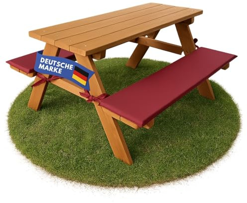 Coemo Robuste Kinder-Sitzgarnitur Outdoor mit 2 Polster, Farbe Rotbraun | Sitzgruppe bestehend aus einem Tisch mit zwei fest verbundenen Bänken und 2 Sitzpolstern für bis zu vier Kinder, spieltisch