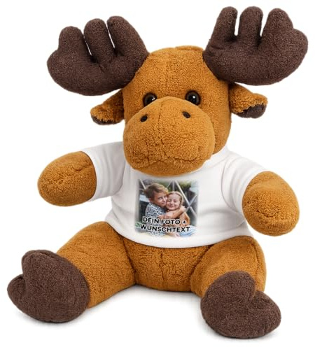 Kuscheltier Elch personalisiert – Flauschiges Plüschtier mit weißem T-Shirt zum Bedrucken – Weicher Teddybär für Babys & Kinder – Geschenk zur Geburt & Geburtstag