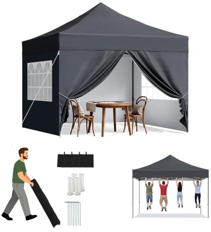 Aoxun Faltpavillon 3x3m Wasserdicht mit Seitenwänden Pop Up Pavillon | Wasserdichter 3x3m Pop Up Faltpavillon mit Seitenwänden, Rollentasche und Sandsäcken für Garten, Party und Flohmarkt