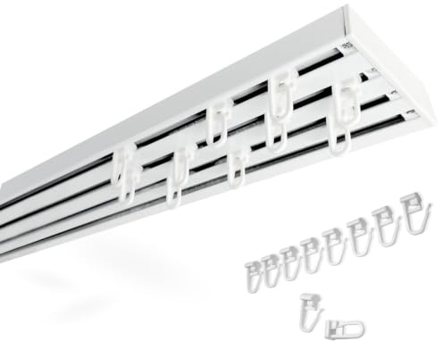 Rollmayer ALU Gardinenschiene 4-läufig 160cm - mit Faltenlegehaken | Zur Deckenbefestigung für Gardinen Vorhänge und Schiebevorhänge als stabile Aluminium Vorhangschiene in glänzend Weiß