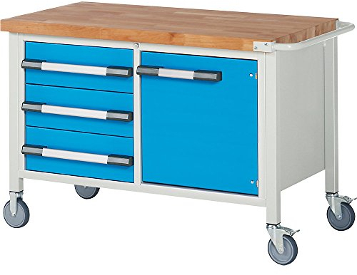 eurokraft | pro | Fahrbare Werkbank Serie 8000 | Gestellbauweise | 3 Schubladen | 1 Tür | BxT 1250 x 700 mm
