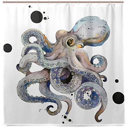 BALII-Duschvorhang, Motiv: Tintenfisch im Wasserfarben-Stil, 183 x 183 cm, Polyester, wasserdicht mit 12 Haken fürs Badezimmer