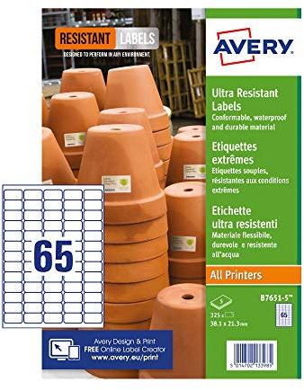 Avery B7651-5 Etiketten, besonders widerstandsfähig, A4, 38 x 21 mm, 325 Etiketten, Weiß