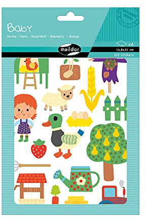 Maildor AE165C - Packung 6 Stickerbogen Baby, DIN A5 14,8x21 cm, Großformat für die Kleinen, ideal für Zeichnung, Erstellen von Collagen, Illustration eines Hefts, 102 Stickers, Bauernhof, 1 Pack