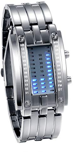 JewelryWe Paar Uhren Digitaluhr Silber Edelstahl Binäre Uhr Rechteck Bezel LED Sportuhr Blau LED Licht Kalender Mode Cool Partner Armbanduhr für Damen