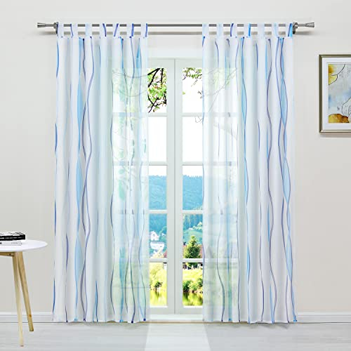 ESLIR Gardinen mit Schlaufen Vorhänge Gardinenschals Transparent Schlaufenschal Wellen Muster Voile Blau BxH 140x175cm 1 Stück