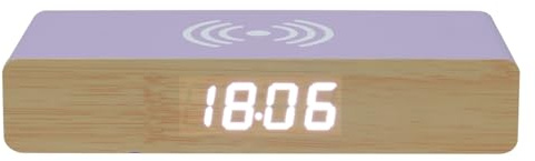Anytime 40-1H-107 Réveil numérique LED Chargeur à induction Bois Beige et violet H3 x 7,6 x 16 cm