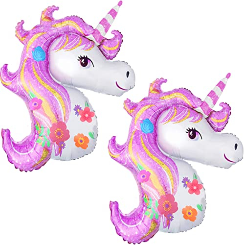 Einhorn Folienballons Deko 2 Riesen Folie Einhornballons XXL 40 Luftballons fur Geburtstagsdeko Mädchen, Kindergeburtstag Deko Rosa, Geburtstags Party. Fliegt mit Helium