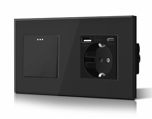 BSEED Druckknopf Rocker Tactile 1 Fach 3 Weg Lichtschalter Glas und 3 in 1 Steckdose mit 2.1A USB Ladeleistung mit Type C Adapter Aufladestation Glasscheibe Wandschalter Schwarz
