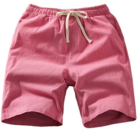 Onsoyours Pantaloncini Uomo Estivi Lino Cotone Casual Tinta Unita Spiaggia Pantaloni Corti con Tasche B Rosa L