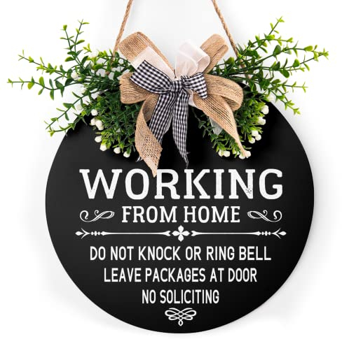 Working From Home Door Sign Please Do Not Knock or Ring Doorbell Sign with Buffalo Plaid Bow 12in Do Not Disturb Front Door Sign for All Seasons Home Office Porch Door Decoration