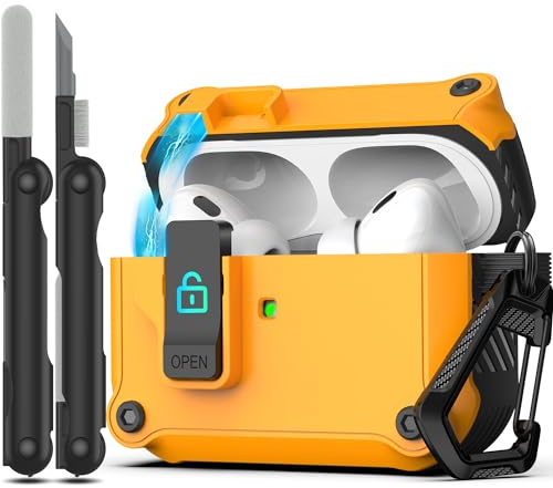 RFUNGUANGO Kompatibel mit AirPods Pro 2/1. Generation Hülle, Automatische Pop-up, Stoßfeste Ganzkörper-Harthülle (2023/2022/2019), Gelb
