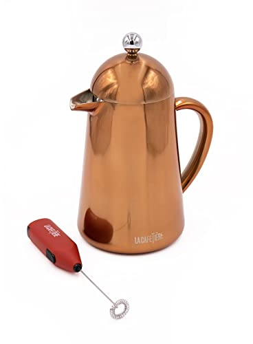 La Cafetière 8 Cup Copper Colour Havana Double Walled Cafetière and Red Battery Milk Frother Set