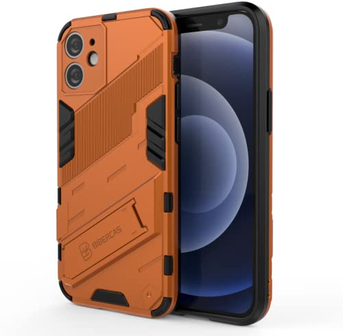 EASSGU Phone Case for iPhone 12 mini (5.4 Inches), with Kickstand PC Silicone Shockproof Armour Protective Cover - Orange