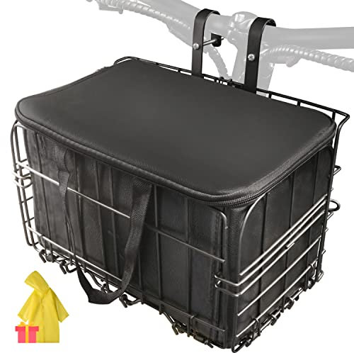 Himiway Faltbarer Fahrradkorb vorne mit PU-Innenfutter, regendicht, rostfrei, robuster Metall-Fahrradrahmenkorb, abnehmbare Vordertasche, hinten hängendes Gepäckträger-Lager, 29,9 kg Korb für