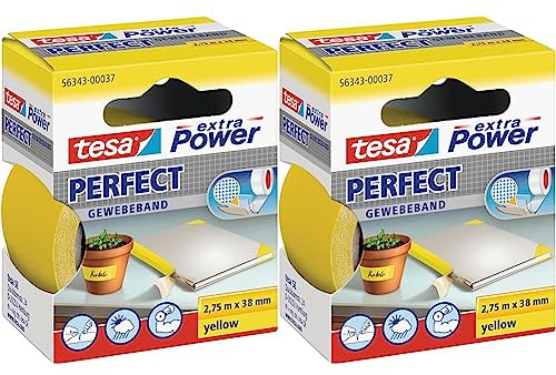 tesa extra Power Perfect Gewebeband - Gewebeverstärktes Ductape zum Basteln, Reparieren, Befestigen, Verstärken und Beschriften - Gelb - 2,75 m x 38 mm (Packung mit 2)