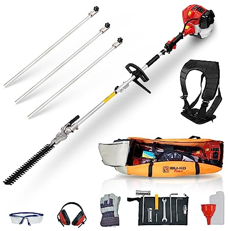 BU-KO 52cc Benzin-Heckenschere mit Langer Reichweite und 3 x 75 mm Verlängerungsstange mit Werkzeugtasche für Bequeme Lagerung, präzises Trimmen für hohe Hecken und Büsche, einfach zu bedienen