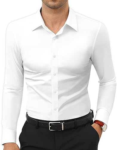 Lion Nardo Slim Fit White Dress Shirt for Men Wrinkle Free Mens Dress Shirts Long Sleeve Tall Muscle Fit Button Up Shirt